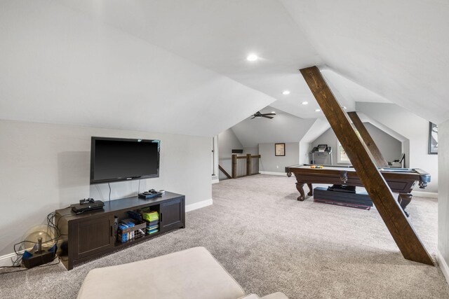 4936 S Butterfield Pl, Brookline, MO 65619 - recreation room with carpet floors, billiards table, baseboards, vaulted ceiling, and recessed lighting