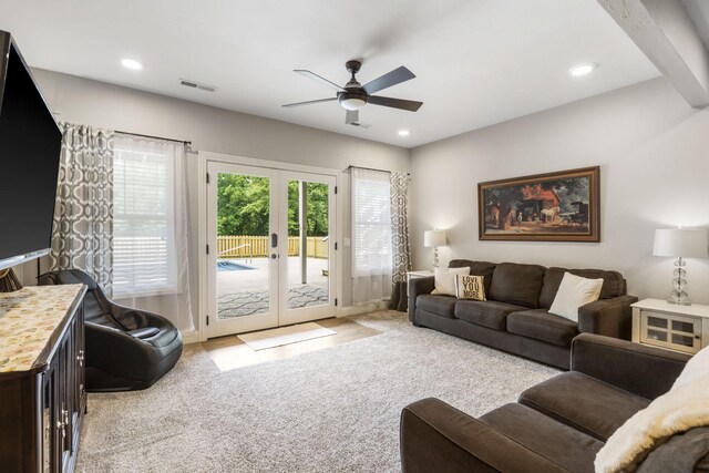 4936 S Butterfield Pl, Brookline, MO 65619 - living room with a ceiling fan, light colored carpet, recessed lighting, and french doors