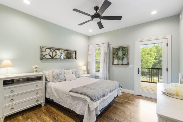 4936 S Butterfield Pl, Brookline, MO 65619 - bedroom featuring access to exterior, dark wood-style floors, baseboards, recessed lighting, and ceiling fan