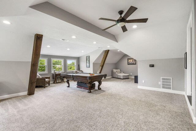 4936 S Butterfield Pl, Brookline, MO 65619 - rec room with vaulted ceiling, pool table, carpet floors, a ceiling fan, and baseboards