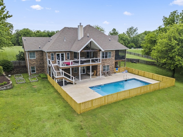 4936 S Butterfield Pl, Brookline, MO 65619 - back of property with a chimney, a patio area, stone siding, a deck, and stairway