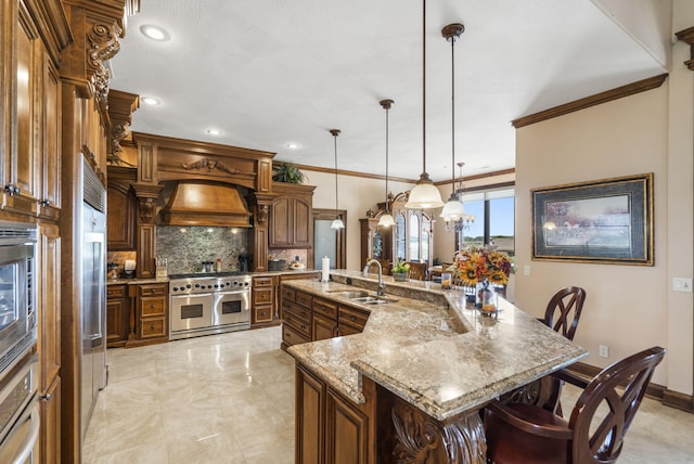 3731 S Farm Rd Unit 219, Rogersville, MO 65742 - kitchen featuring appliances with stainless steel finishes, a sink, a kitchen bar, custom exhaust hood, and decorative backsplash