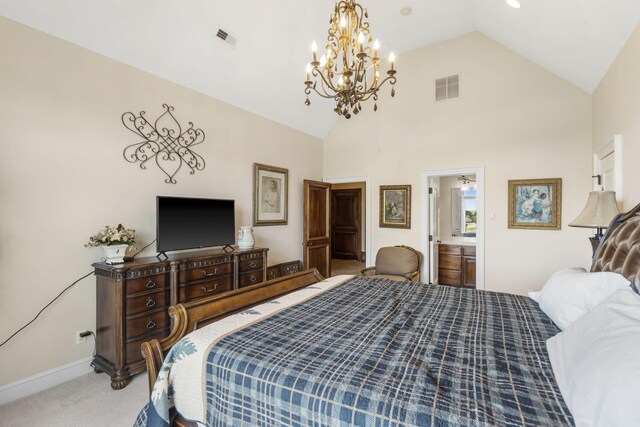 3731 S Farm Rd Unit 219, Rogersville, MO 65742 - bedroom with a chandelier, light colored carpet, high vaulted ceiling, baseboards, and ensuite bath