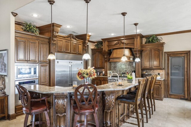 3731 S Farm Rd Unit 219, Rogersville, MO 65742 - kitchen featuring built in appliances, light stone countertops, tasteful backsplash, crown molding, and recessed lighting