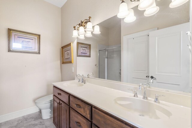3731 S Farm Rd Unit 219, Rogersville, MO 65742 - bathroom featuring a shower stall, toilet, double vanity, baseboards, and marble look tiles