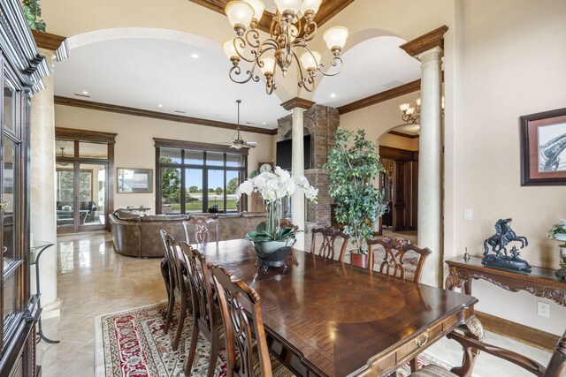 3731 S Farm Rd Unit 219, Rogersville, MO 65742 - dining room with ornate columns, arched walkways, ornamental molding, a chandelier, and light marble finish flooring