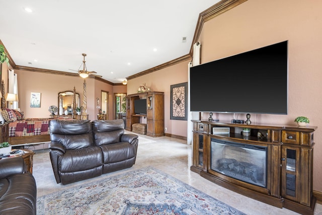3731 S Farm Rd Unit 219, Rogersville, MO 65742 - living area with crown molding, a ceiling fan, recessed lighting, and baseboards