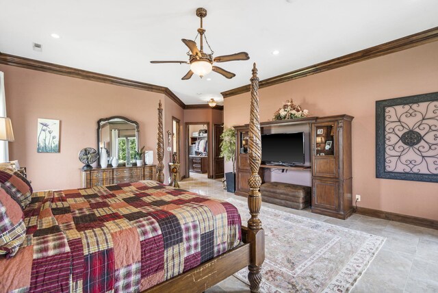 3731 S Farm Rd Unit 219, Rogersville, MO 65742 - bedroom with ornamental molding, baseboards, recessed lighting, a ceiling fan, and light tile patterned floors