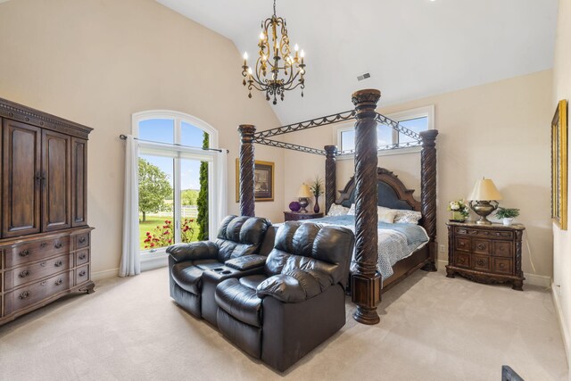 3731 S Farm Rd Unit 219, Rogersville, MO 65742 - bedroom with light carpet, a chandelier, baseboards, and high vaulted ceiling