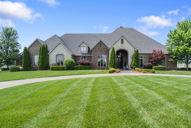 3731 S Farm Rd Unit 219, Rogersville, MO 65742 - french country home with stone siding, a front yard, and roof with shingles