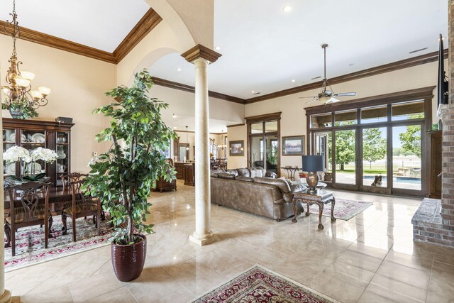 3731 S Farm Rd Unit 219, Rogersville, MO 65742 - living area with ornate columns, a ceiling fan, ornamental molding, arched walkways, and recessed lighting