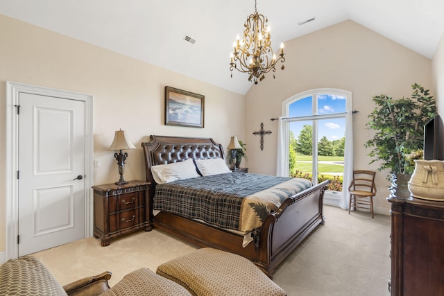 3731 S Farm Rd Unit 219, Rogersville, MO 65742 - bedroom featuring light carpet, a chandelier, baseboards, and high vaulted ceiling
