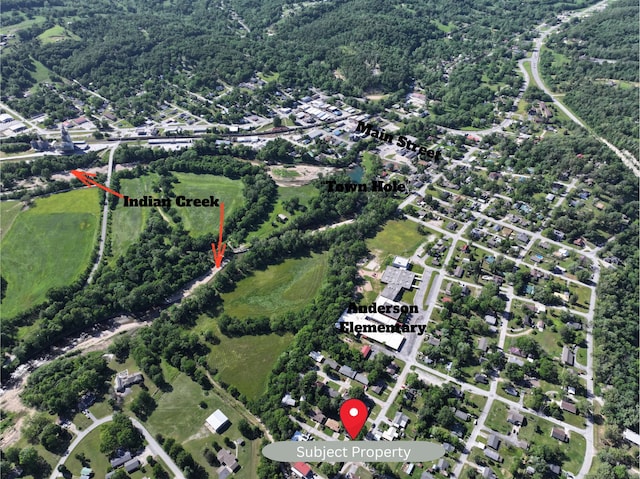 608 N Chapman St, Anderson, MO 64831 - aerial overview of property's location with a heavily wooded area