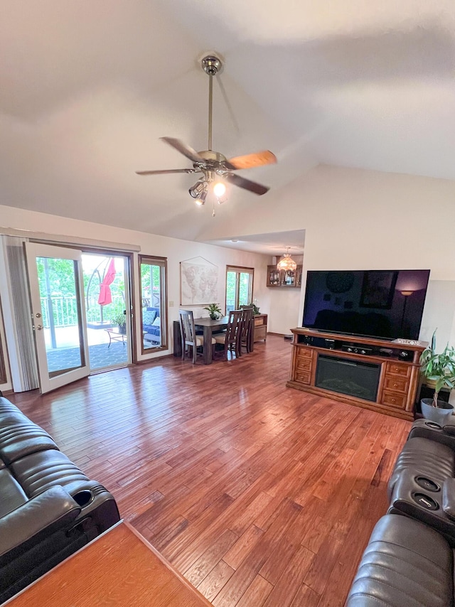21650 Kings Loop, Hermitage, MO 65668 - living room featuring ceiling fan, lofted ceiling, and light wood-style flooring