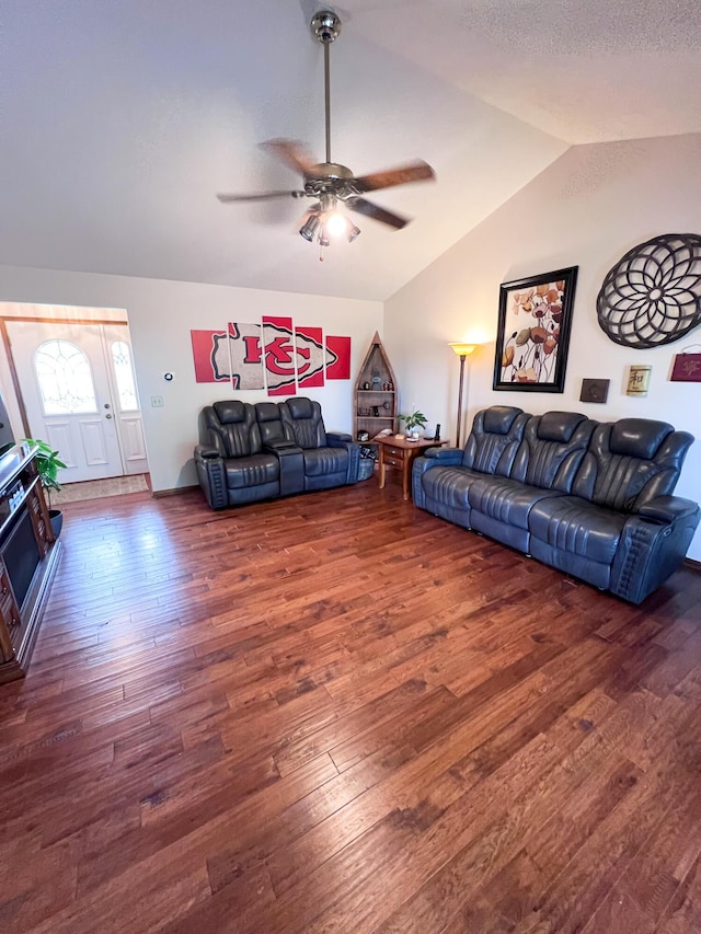 21650 Kings Loop, Hermitage, MO 65668 - living area with vaulted ceiling, ceiling fan, and wood finished floors