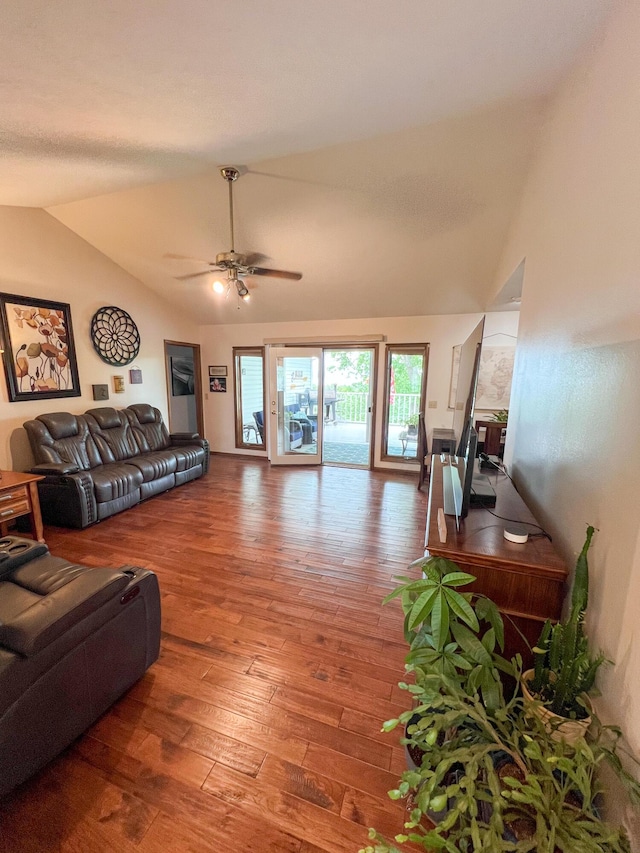 21650 Kings Loop, Hermitage, MO 65668 - living area with vaulted ceiling, wood-type flooring, and ceiling fan