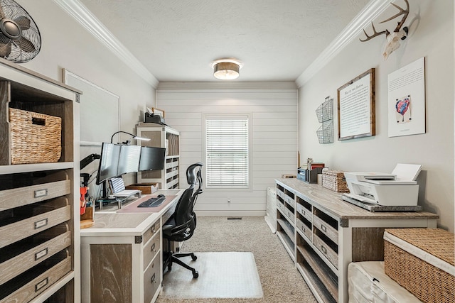 1086 S Joshua Ave, Republic, MO 65738 - home office with ornamental molding, light colored carpet, a textured ceiling, and wood walls