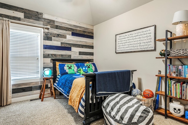 1086 S Joshua Ave, Republic, MO 65738 - bedroom with wooden walls, lofted ceiling, and carpet