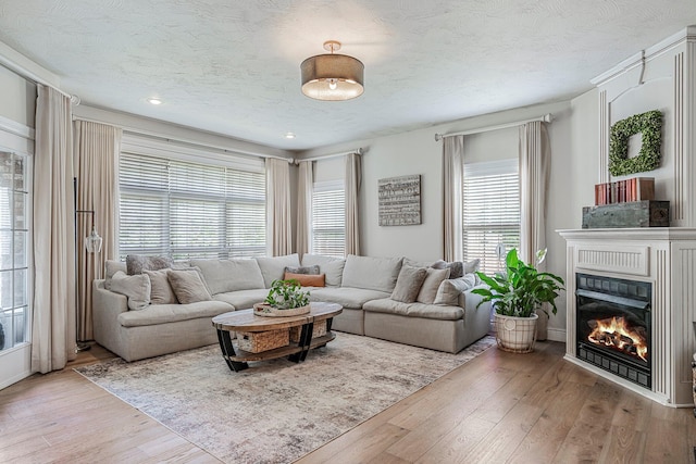 1086 S Joshua Ave, Republic, MO 65738 - living area featuring wood-type flooring, a glass covered fireplace, and a textured ceiling