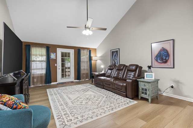 650 S Woodbridge Ct, Nixa, MO 65714 - living area featuring high vaulted ceiling, ceiling fan, light wood-type flooring, and baseboards