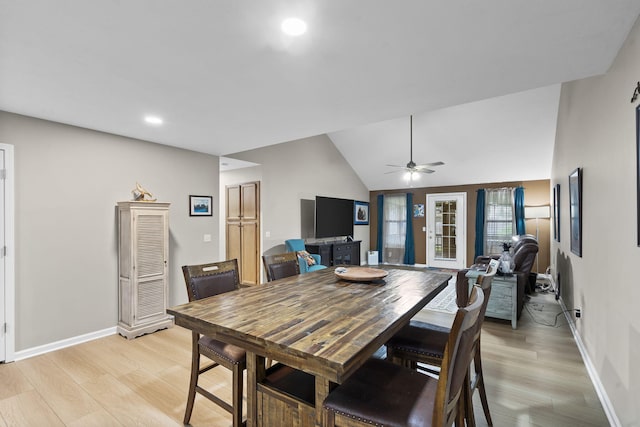 650 S Woodbridge Ct, Nixa, MO 65714 - dining room with light wood finished floors, baseboards, a ceiling fan, lofted ceiling, and recessed lighting