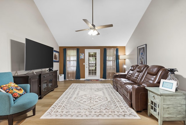 650 S Woodbridge Ct, Nixa, MO 65714 - living area with a ceiling fan, light wood-style floors, and high vaulted ceiling
