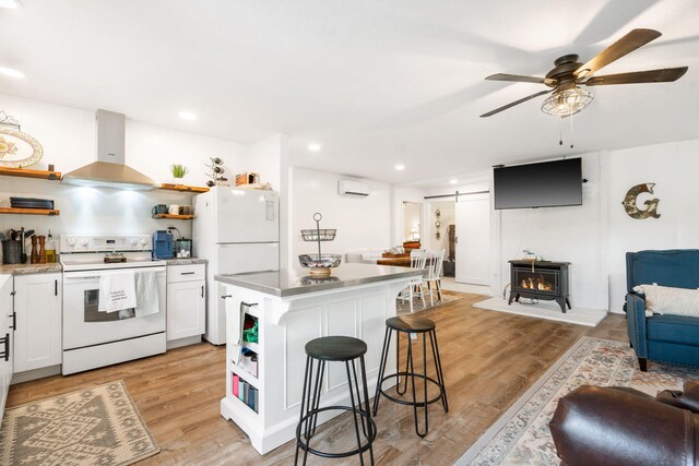 96 Samson St, Cape Fair, MO 65624 - kitchen with white appliances, open shelves, island exhaust hood, open floor plan, and a wall mounted AC