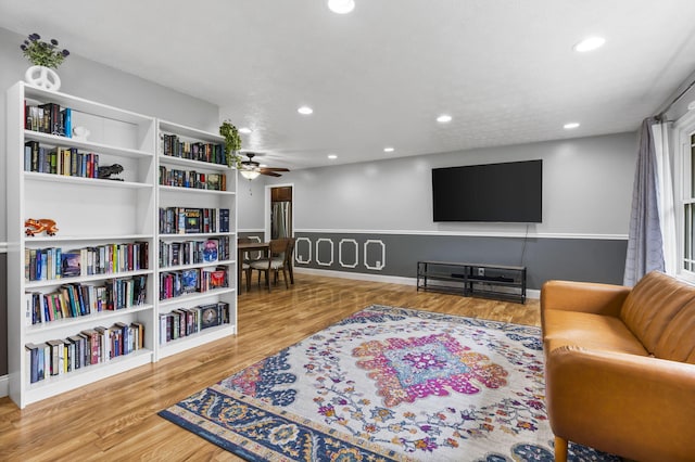 1514 W Swan St, Springfield, MO 65807 - living area featuring a ceiling fan, wood finished floors, recessed lighting, and baseboards