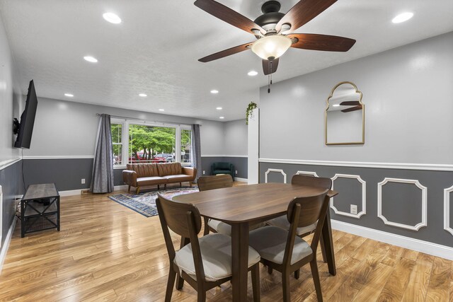 1514 W Swan St, Springfield, MO 65807 - dining area featuring a ceiling fan, recessed lighting, light wood-style flooring, and baseboards