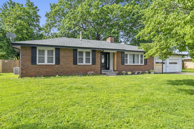 1514 W Swan St, Springfield, MO 65807 - ranch-style house featuring a chimney, brick siding, roof with shingles, an attached garage, and asphalt driveway