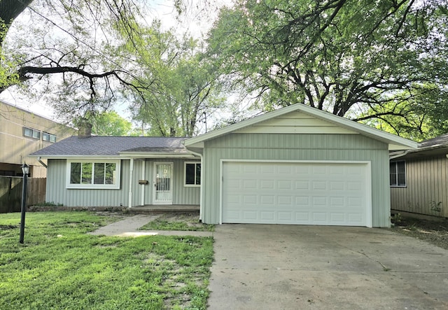 2245 S Pickwick Ave, Springfield, MO 65804 - ranch-style home featuring driveway, an attached garage, a front lawn, roof with shingles, and a chimney
