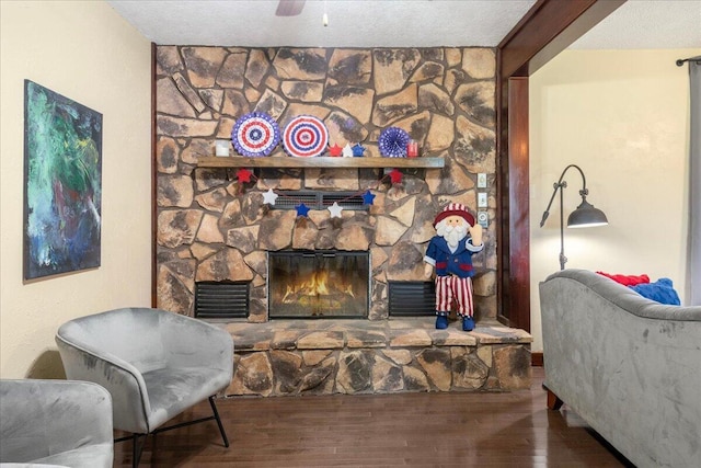 898 Short State Highway Y, Marshfield, MO 65706 - living room featuring wood finished floors, a fireplace, and a textured ceiling