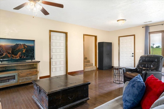 898 Short State Highway Y, Marshfield, MO 65706 - living room featuring dark wood-style flooring, stairway, ceiling fan, and baseboards