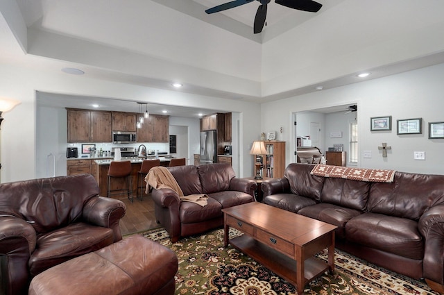 1002 E Tipperary Ct, Nixa, MO 65714 - living room featuring ceiling fan, wood finished floors, and recessed lighting
