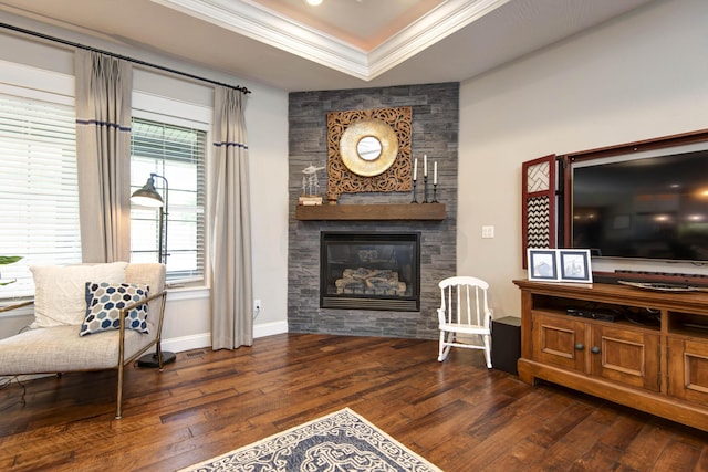 992 N Cedar Ridge Ave, Springfield, MO 65802 - living area featuring a fireplace, wood finished floors, baseboards, ornamental molding, and a tray ceiling