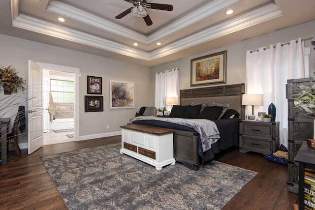 992 N Cedar Ridge Ave, Springfield, MO 65802 - bedroom featuring a tray ceiling, crown molding, dark wood-type flooring, baseboards, and recessed lighting