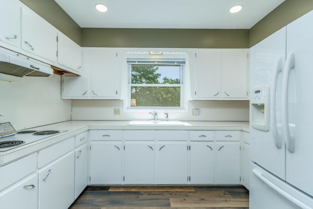 1318 S Farm Rd Unit 205, Springfield, MO 65809 - kitchen with white appliances, a sink, light countertops, under cabinet range hood, and recessed lighting