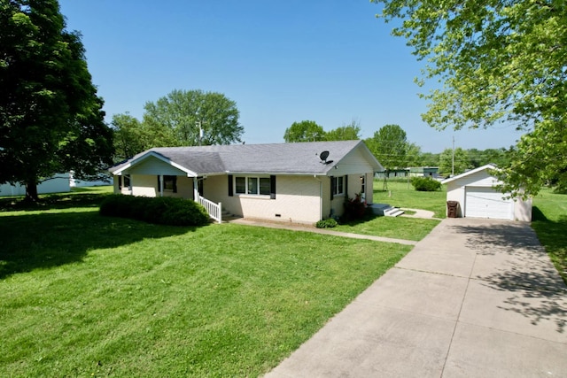 407 N Crestview Ave, Ash Grove, MO 65604 - ranch-style house with an outdoor structure, covered porch, a front yard, concrete driveway, and brick siding
