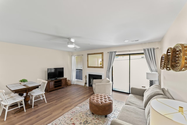 264 Turnberry Dr Unit 2, Branson, MO 65615 - living area with plenty of natural light, wood finished floors, a fireplace, and a ceiling fan