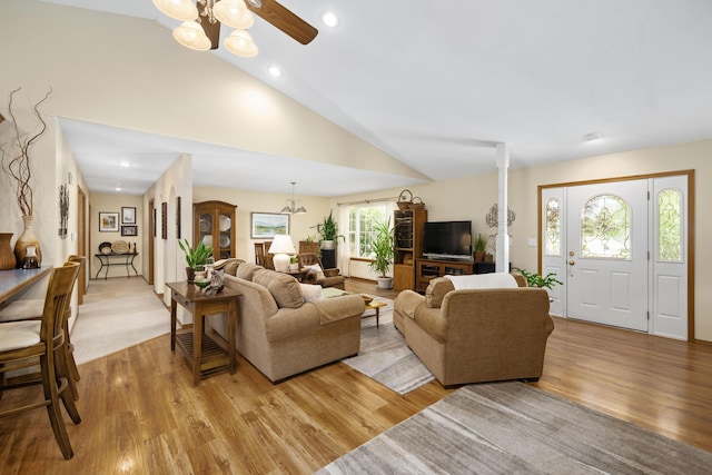 1362 Meadowview Ln, Diamond, MO 64840 - living area with light wood finished floors, vaulted ceiling, ceiling fan, a chandelier, and recessed lighting