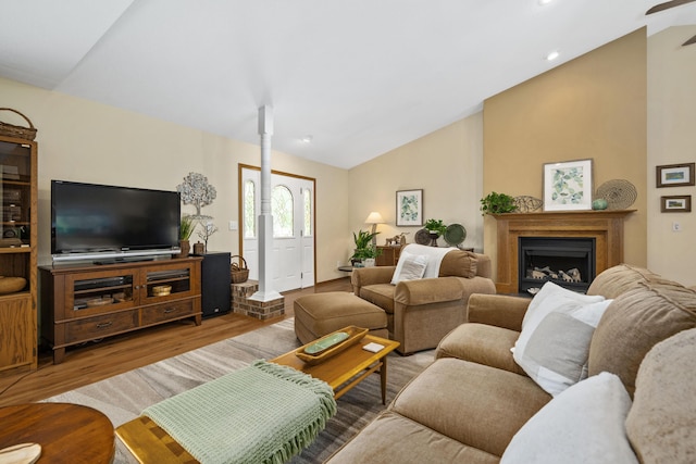 1362 Meadowview Ln, Diamond, MO 64840 - living room with vaulted ceiling, wood finished floors, recessed lighting, and a fireplace