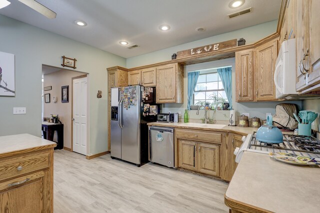707 Lexie Ln, Carthage, MO 64836 - kitchen with stainless steel appliances, a sink, light wood finished floors, light countertops, and recessed lighting