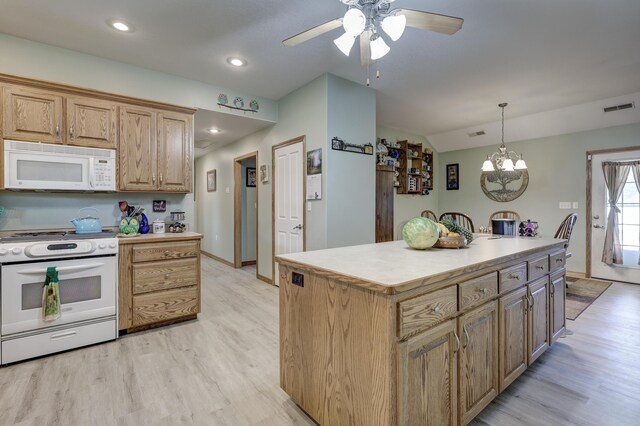 707 Lexie Ln, Carthage, MO 64836 - kitchen featuring white appliances, light wood-style flooring, a ceiling fan, vaulted ceiling, and light countertops