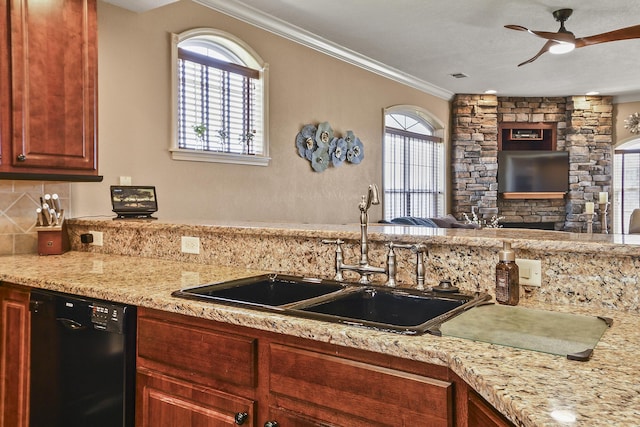 300 Glory Rd, Branson, MO 65616 - kitchen with black dishwasher, a sink, a ceiling fan, decorative backsplash, and crown molding