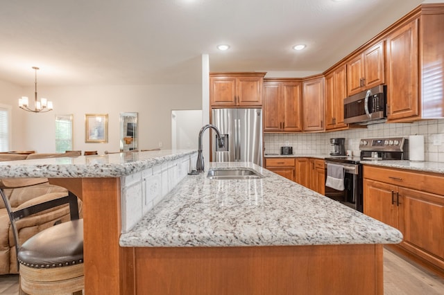 4738 N Florence Ave, Ozark, MO 65721 - kitchen with appliances with stainless steel finishes, a sink, a breakfast bar, brown cabinets, and backsplash