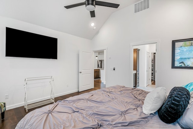 4786 E Whitman Rd, Springfield, MO 65802 - bedroom featuring high vaulted ceiling, wood finished floors, a ceiling fan, and baseboards