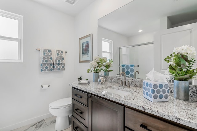 4786 E Whitman Rd, Springfield, MO 65802 - full bath featuring baseboards, marble finish floors, a stall shower, toilet, and vanity