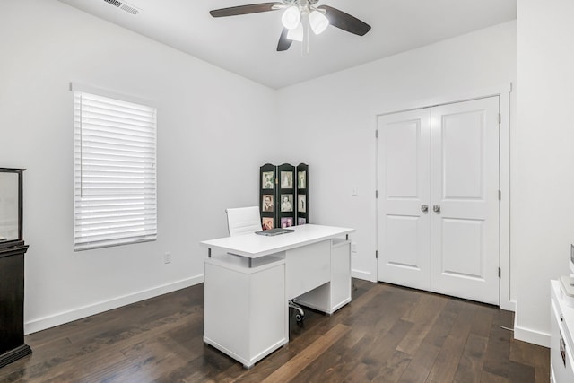 4786 E Whitman Rd, Springfield, MO 65802 - office featuring a ceiling fan, dark wood finished floors, and baseboards