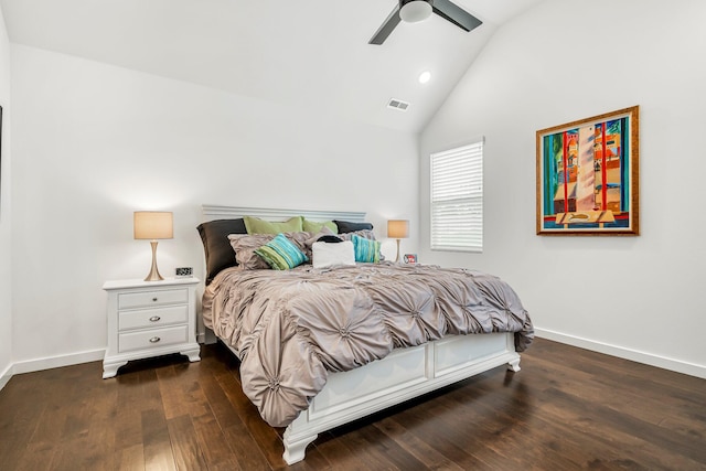 4786 E Whitman Rd, Springfield, MO 65802 - bedroom featuring wood finished floors, baseboards, ceiling fan, high vaulted ceiling, and recessed lighting