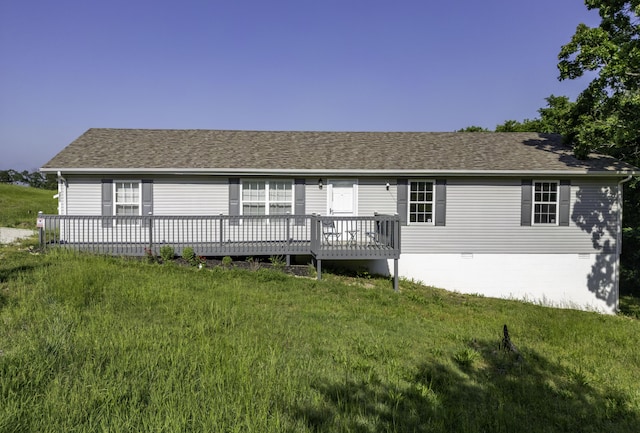 2800 State Highway Bb, Hollister, MO 65672 - view of front of home featuring a wooden deck, a front lawn, roof with shingles, and crawl space